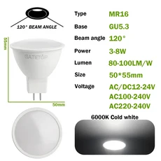 4PCS Foco GU5.3 기본 스포트라이트 전구 Lampada AC 110V 220V DC12V LED Bombillas 40W 할로겐 램프 교체, 06 120 degrees 6000K, 01 AC220-240V, 01 7와트