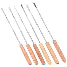 橡木柄不鏽鋼火鍋叉燒烤叉6件組，瑞士芝士巧克力蛋糕水果叉，橡木手柄, 木頭色, 6個