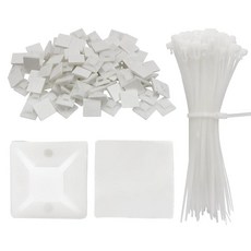 Waziaqoc 100세트 자체 접착 지퍼 타이 마운트 키트 15.2cm(6인치) 블랙 케이블 타이 효과적인 관리 및 안전한 앵커링을 위한 1.9cm(3/4인치) 와이어 홀, White