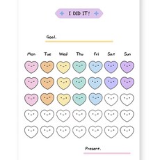 제이엔케이스토어 칭찬 스티커 습관 트래커 목표달성 챌린지 칭찬스티커판 세트 6매, 하트, 210개입