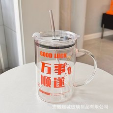玻璃杯 馬克杯 水杯 吸管杯 冷飲 耐熱 中文字 咖啡杯 把手杯子 辦公泡茶 批發刻度大容量 玻璃杯透明杯C106, 1個, 萬事順心1000ml杯子+蓋子+玻璃吸管