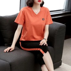 천하오 여성 브이넥 반팔 데일리 캐주얼 오버사이즈 세트 GX370