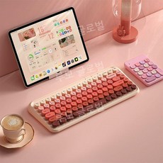 루모 보우 레트로 아이패드 갤럭시탭 블루투스키보드 태블릿 조약돌, 12. 분홍 꽃 키보드+숫자 키패드