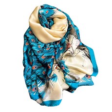 Aufeel 패션 스카프 100% 새틴 실크 롱 경량 자외선 차단 숄 랩 여성용 헤어 스카프 플라워 프린트 라지 141410, 블루 공작