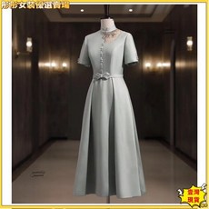 桃園出貨發票高質 喜婆婆 媽媽晚裝 喜慶 媽媽裝婚宴敬酒服訂珠藍色綢緞夏季長款修身喜婆婆禮服an, 銀灰色,XXXL, 1個