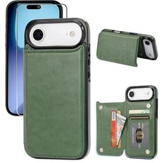 JOYAKI 카드 홀더가 있는 아이폰 17 에어 지갑 케이스 PU 가죽 킥스탠드 카드 슬롯 케이스 액정보호필름 이중 자석 걸쇠 및 내구성 있는 충격 방지 커버 16.8cm, 그래스 그린