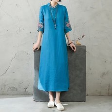 swygsqql 5부 소매 여성 린넨 원피스 자수 스탠드 칼라 개량한복 플라워 롱 원피스