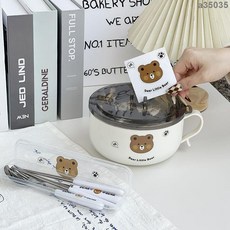 卡通不鏽鋼泡麵碗便當盒：304不鏽鋼大容量瀝水碗，學生宿舍專用, 1個, 1000ML【304不銹鋼內膽】熱賣,【泰迪熊】+泡面碗+餐具帶盒