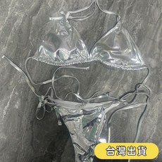 【台灣出貨】速幹爆款時尚複古網紅溫泉泳衣外貿分體帶胸墊純色三角綁帶比基尼 比基尼 速幹泳衣 泳衣, 銀色鐳射,M（40公斤穿到65公斤）