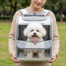 FUBAO 홀로그램 투명창 강아지 백팩 고양이 이동가방 각잡힌 하드형 애견가방 반려동물 캐리어 메쉬 통기성 산책 외출 여행용 이동장 소형견 고양이용 1개입, 11개, 홀로그램 그레이