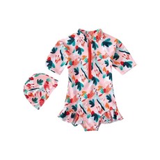 兒童泳衣夏季速幹防曬女童連體高彈碎花專業游泳衣, 130CM(適合身高)