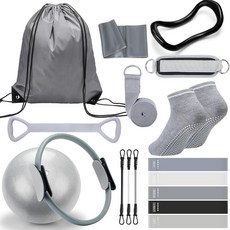 RoundFunny 여성용 홈 필라테스 키트 18개 요가 필수품 필라테스 볼 저항 밴드 8개 발 슬리브 스트레치 코드 라텍스 튜브 미끄럼 방지 양말 탄성 밴드 저항, 회색