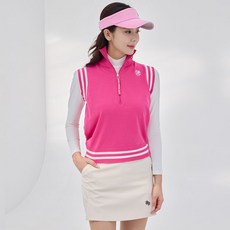 제이투제이 여성골프웨어 하이넥 라인배색 반집업 니트조끼