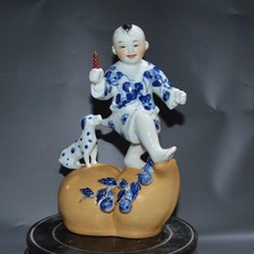 雕塑瓷廠 手繪青花 童子葫蘆雕塑, 如圖所示