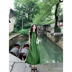 Yellwell여름 민소매 롱 원피스 여성 캐주얼 린넨 드레스LST