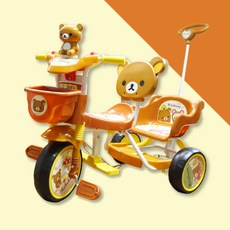 리락쿠마 멜로디 2인용 유아 세발 자전거 보조핸들 높이조절 보조발판 안전한 아기자전거, 리락쿠마 2인용 자전거(브라운색상), 1개