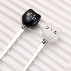 유니모아 귀여운 고양이 세라믹 스텐 커피 디저트 티스푼 세트, 1세트, 흰색2개,검정2개