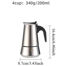 모카포트 커피추출 커피 포트 스테인레스 스틸 모카 포트 이탈리아 커피 메이커 9 컵 15 OZ 가스 또는 전기 세라믹 스토브 용 스토브 탑 에스프레소 메이커, 200ml