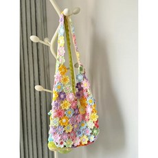 DIY 뜨개질 키트 플라워 숄더백 손뜨개 가방 만들기 패키지, 스트링 안감 컬러풀 타임 플라워 가방, 1개