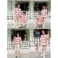 三亞旅遊度假親子裝2025夏季新款，純棉舒適，一家三口大碼T恤, 紅色條紋,上衣150碼