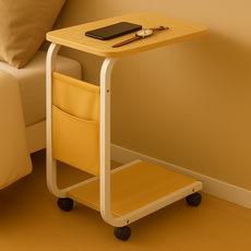 근지 사이드테이블 2단 측면수납 협탁 침실 거실 침대 협탁 테이블, 화이트/우드