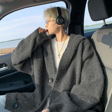 深灰色開衫毛衣，男款2024秋冬新款，寬鬆休閒針織衫外套