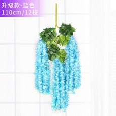 出貨 仿真紫藤花婚慶裝飾長廊吊頂花條絹布花豆花室內裝飾花串綠葉假花, 加密款藍色紫藤花12枝-110CM