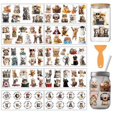 Arricraft 재미있는 고양이 테마 PVC 컵 인쇄 전사 스티커 10개 다채로운 패턴 UV 방수 키트 473.2ml(16온스) 안경 창문 홈 프린팅 장식 24.1 x 10