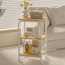 위즈룸 수납 선반 이동식 트롤리, 3단, 화이트/내츄럴우드