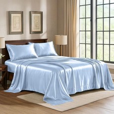 Pure Bedding 새틴 시트 캘리포니아 킹 [4피스 베이비 블루] 호텔 럭셔리 실키 침대 - 엑스트라 소프트 극세사 세트 주름 방지 딥 포켓 매트리스 커버 플랫 시트, Pure Bedding 새틴 시트 캘리포니아 킹 [4피