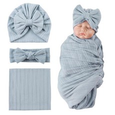 OMUKY 신생아 속싸개 담요 리본 머리띠 및 비니 세트 아기 포대기 남아 여아 아기방 랩 (화이트+핑크) 235155