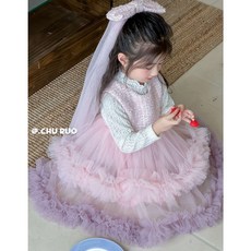 童趣小姐秋冬時尚女童紫色公主洋裝/拼接紗裙套裝 甜美夢幻小童/中童派對宴會必備