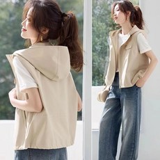 더블유앤케이 조끼 여성 운동 옥외 통기 캐주얼 민소매 후드 조끼 베스트