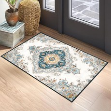 모던 기하학적 원형 미끄럼 방지 부분 러그 61.4 x 91.4cm(2 x 3피트) - 블루 오렌지 추상 패턴 낮은 파일 카펫 거실 사무실 입구 세탁 가능한 현대적인 바닥, 빈티지 페르시아어