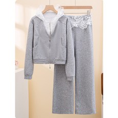 今年流行女裝套裝2025韓版高級感拼接蕾絲連帽衛衣 休閒褲兩件套