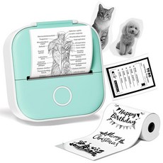 미니 스티커 프린터 T02 메이커 기계 1롤 용지 포함 블루투스 열전사 잉크 노트 학습용 일기장 도표용 2794287, 1 Printer + 1 Rolls Paper, Green