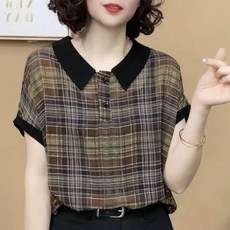 중년여성 50대 체크 반팔 블라우스 무지 티셔츠 여름 컬러 엄마 캐주얼 셔츠 반팔티