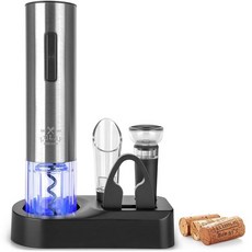 Zulay Kitchen 전기 와인 오프너 4피스 선물 세트 충전 베이스 포함 - 호일 커터 에어레이터 및 푸어러 진공 스토퍼 부드럽고 빠른 코르크 마개를 위한 자동 병 스