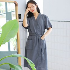 ROYALBELLE 여성 와플 원단 브이넥 포켓 디자인 편안한 반팔 얇은 미디 홈웨어 잠옷 목욕가운 K042544
