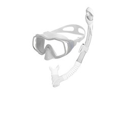 HeleiWaho 浮潛面鏡組 呼吸管 附檔浪頭 面鏡 全乾式呼吸管 休閒玩水 自由潛水 看魚 附網袋收納 兩件套, 大廣角三面鏡_經典白, 經典白