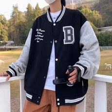 美式撞色拼接棒球外套 草寫英文 基礎夾克 情侶街頭穿搭防曬男生秋冬外套 復古韓版拼色