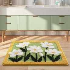 (100% 미국 정품 수입) 화이트 데이지 도어매트 부드러운 미끄럼 방지 그린 배경 옐로우 테두리 꽃 욕실 매트 흡수력이 뛰어난 극세사 섀기 러그 빠른 건조 바닥 카펫 침, White Daisy