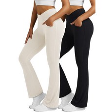 Boerfmian 주머니가 있는 여성용 플레어 레깅스 2팩 하이 웨이스트 크로스오버 부츠컷 요가 팬츠 블랙- 라이트 블루