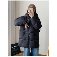 원앤온리 여성 오버핏 하프 패딩 / 경량 후드 점퍼 겨울 가벼운 검정 잠바