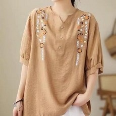 여성 레트로 자수 린넨셔츠 중국 스타일 느슨한 수 놓은 복고풍 여름 탑 캐주얼 코튼과 린넨 티셔츠