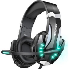 벤구 G9000 스테레오 게이밍 헤드셋 PS4 PC Xbox One PS5 컨트롤러용 노이즈 캔슬링 오버이어 헤드폰 마이크 포함 LED 조명 7.1 서라운드 사운드 부드러운 메, BENGOO 검정