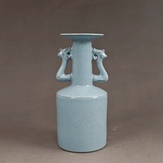 宋 汝窯天青釉開片雙耳盤口瓶 仿古 高17.2cm, 如圖所示