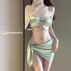 顯瘦遮肚性感比基尼泳衣，純色分體式度假溫泉泳裝, 綠色【高檔】,碼（建議70-120斤）【批發請拍均碼】