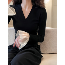 黑色羅紋打底衫，喇叭袖，加絨，秋冬季，修身內搭長袖T恤