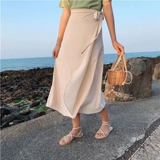 스커트 휴가 꽃 랩 플라워 롱 무늬 해변 검은배경에목련꽃35-75kg 쉬폰